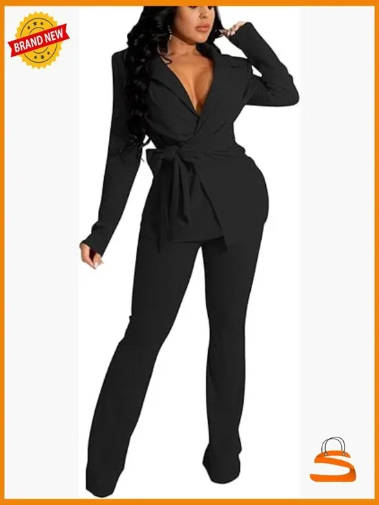 Professional Two-Piece Pantsuit Set with Belt, Polyester Spandex, S-2XL - Picture 1 of 7
